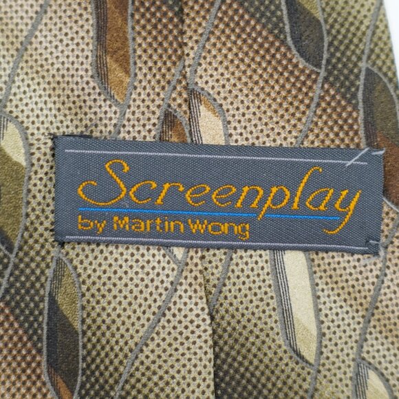 Screenplay By Martin‎ Wong Geometric Print Green Brown Wide Silk Tie - Picture 3 of 7